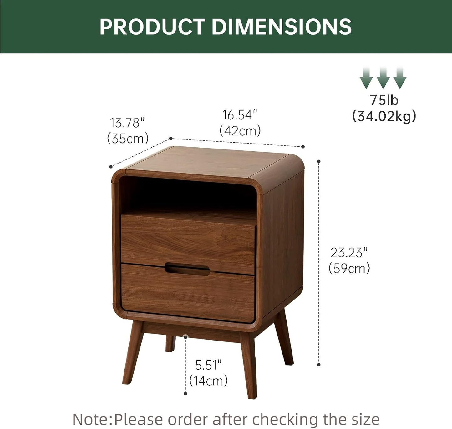 Walnut Nightstand Set of 2 - Solid Wood Mid-Century Modern Bedside Tables with Drawers