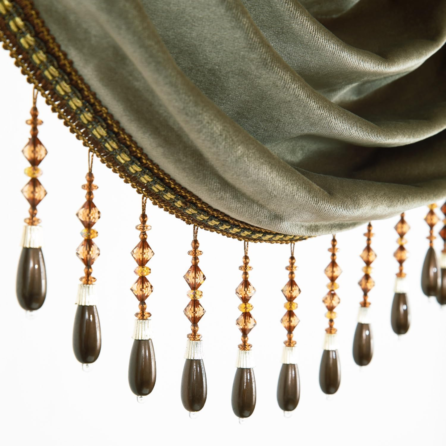 Vintage Waterfall Valance Curtain — Brown Velvet Window Treatment with Beaded Tassels