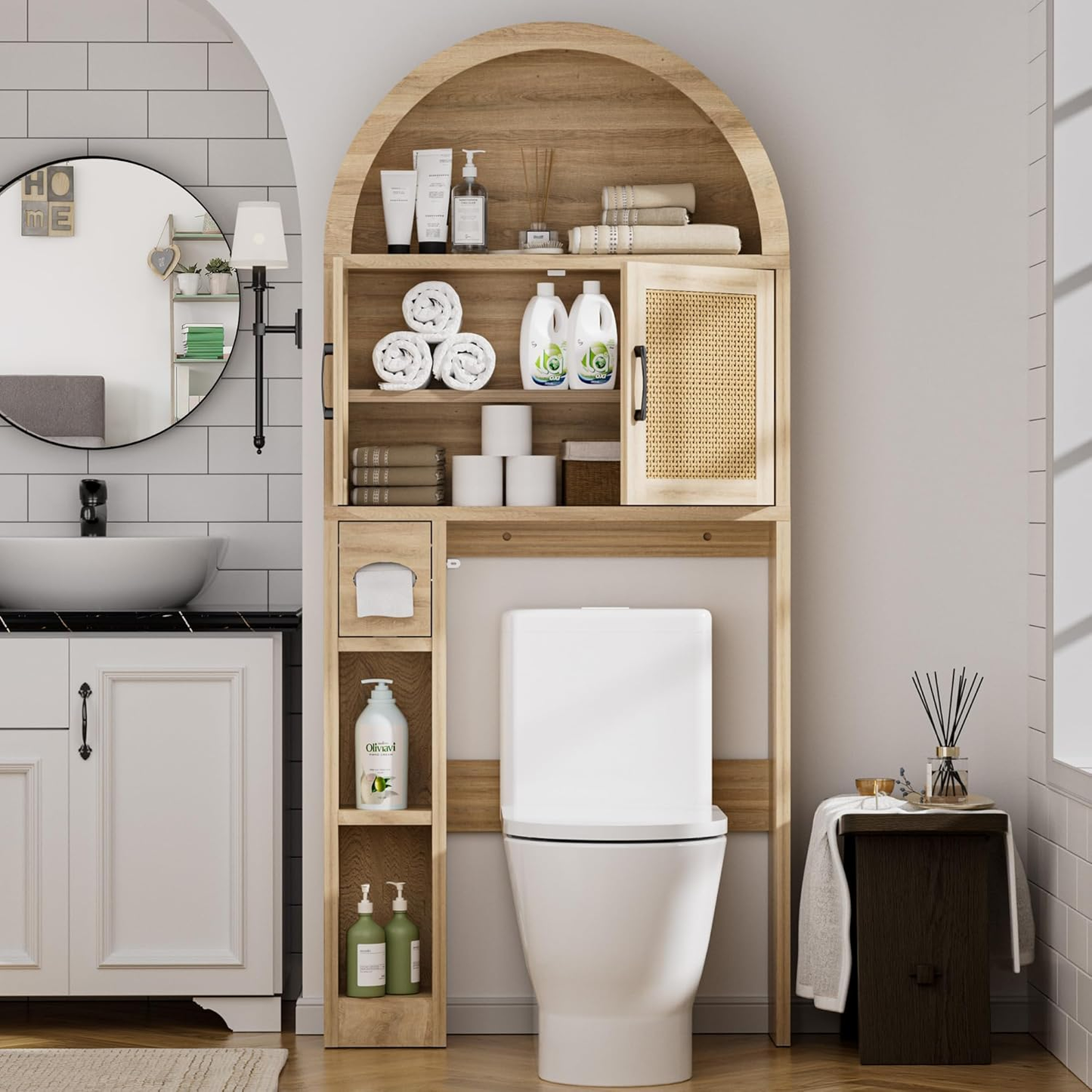 Arched Over-the-Toilet Storage Cabinet with Rattan Doors - Bathroom Organizer