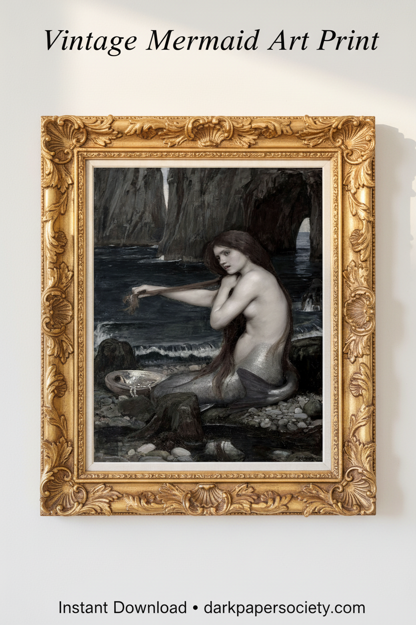 Vintage mermaid bathroom art print in ornate gold baroque frame - moody coastal wall decor, dark academia aesthetic, printable digital download