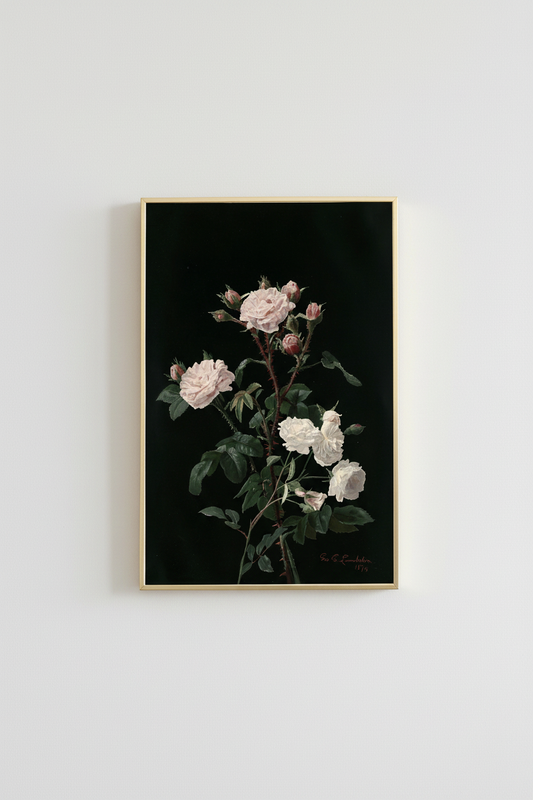 Vintage White Roses in simple gold frame