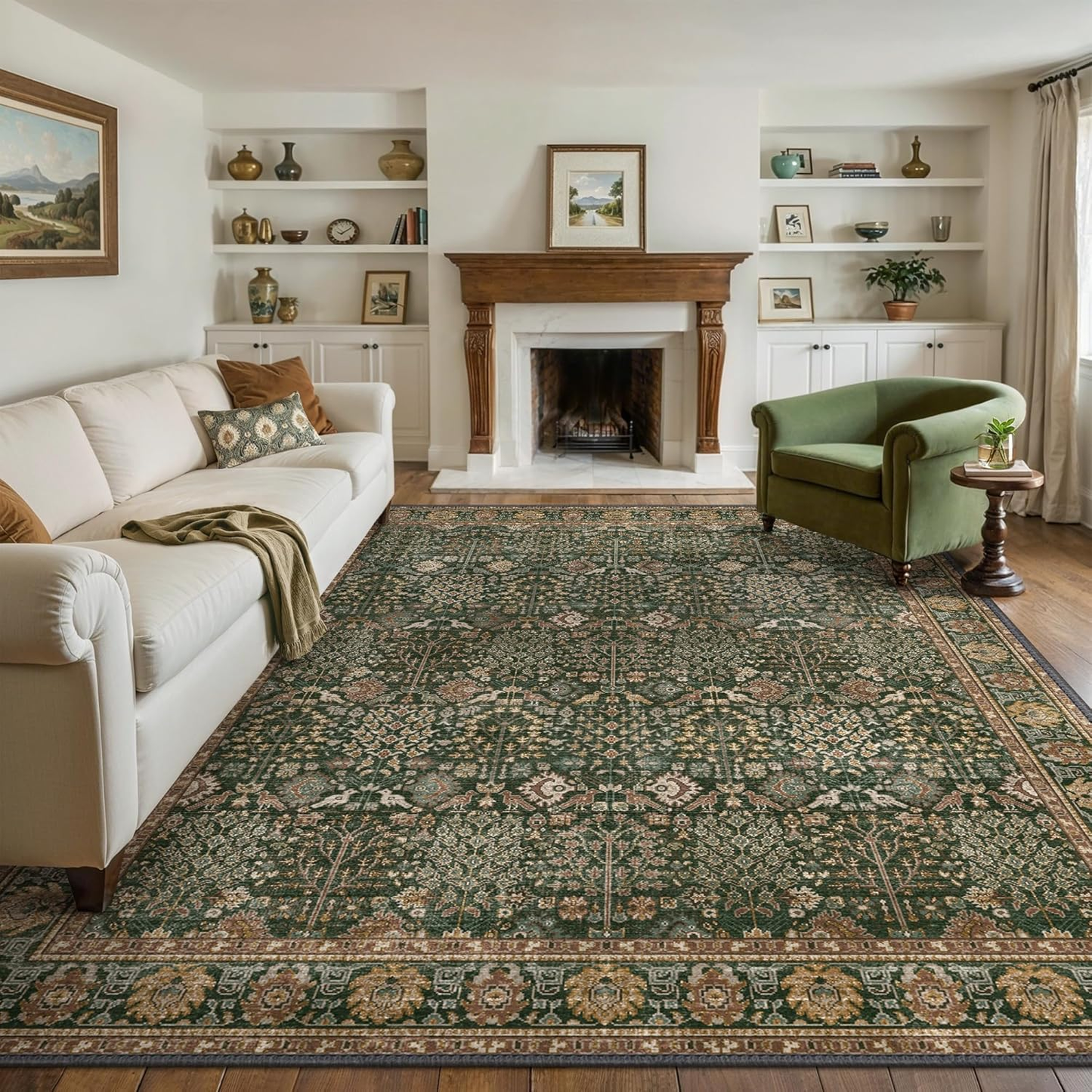 Dark Green Vintage Floral Area Rug 8x10 — Bavni Machine Washable Distressed Botanical