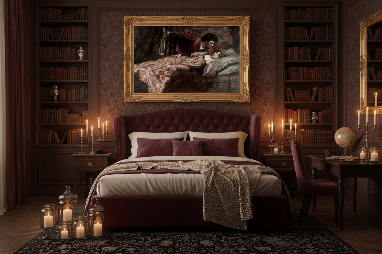 Romantic classical couple print in ornate gold frame above bed in luxurious moody bedroom