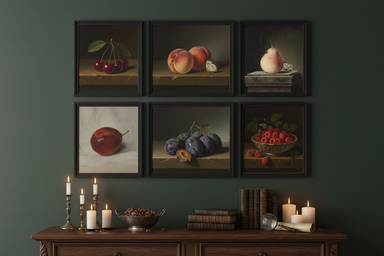 Vintage fruit still life art prints displayed as gallery wall in black frames on dark moody wall in elegant dining room