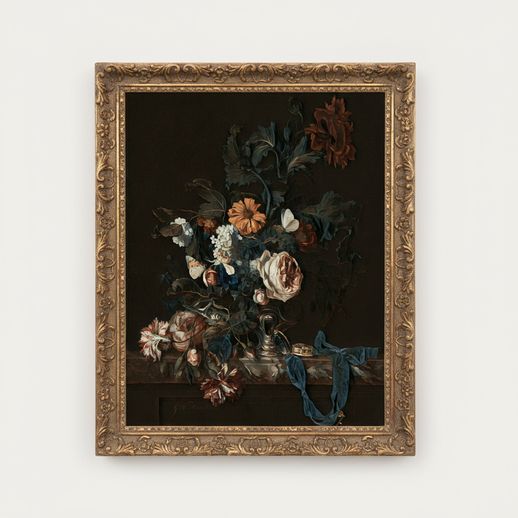 Moody Floral Blue Ribbon Aged Gold Frame Mockup