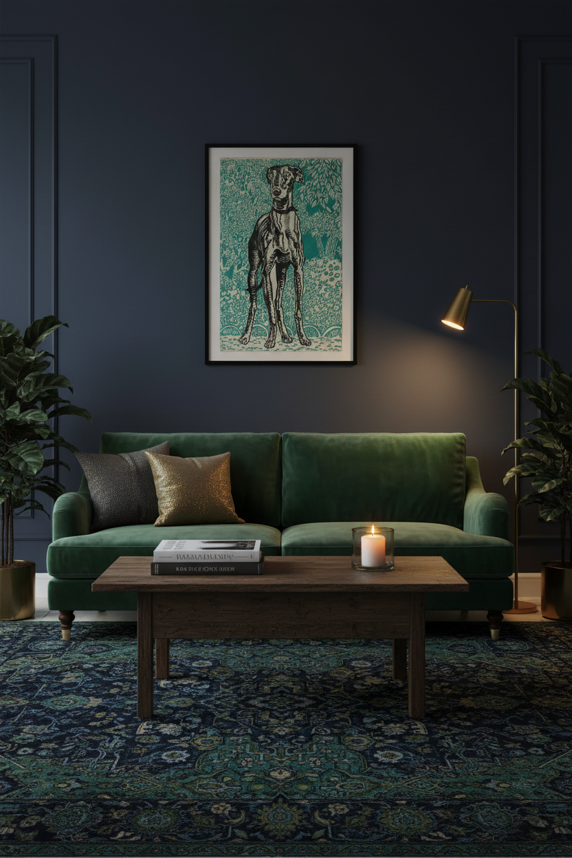 Moody living room with greyhound print