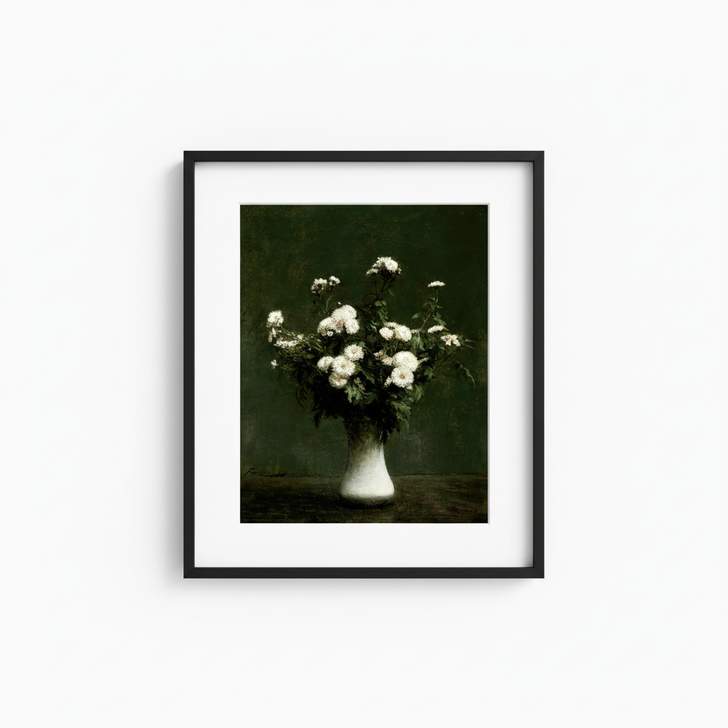 Moody White Chrysanthemums - Black Frame