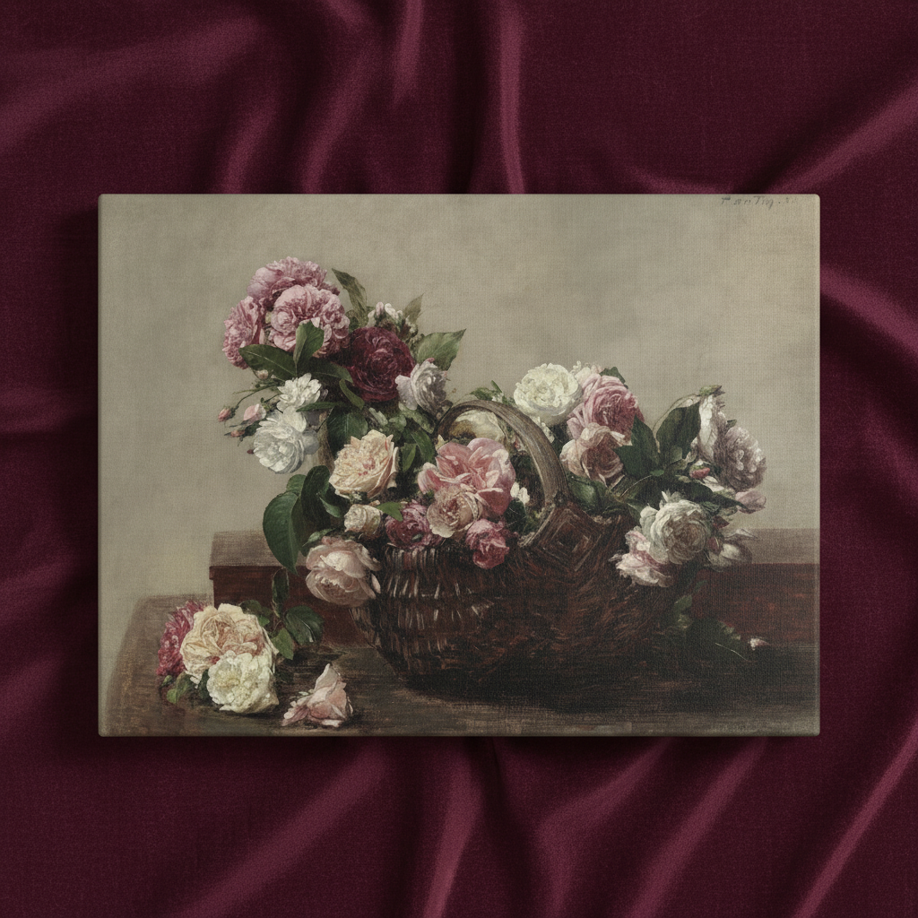 Vintage-style painting of a floral arrangement with a wicker basket on a textured surface.