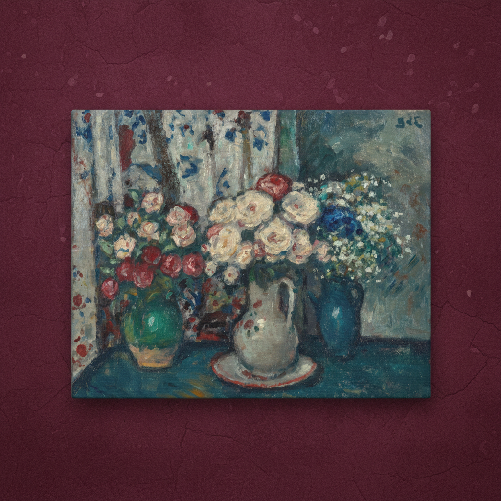 Painting of flowers and a pitcher on a textured purple background