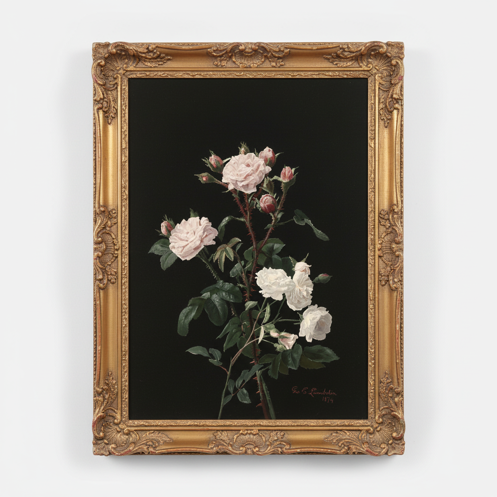 Vintage White Roses Aged Gold Frame Mockup